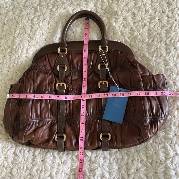 PRADA Nappa Gaufre Ruched Frame Large Bag Brown Soft Leather Tote Purse - Picture 14 of 16
